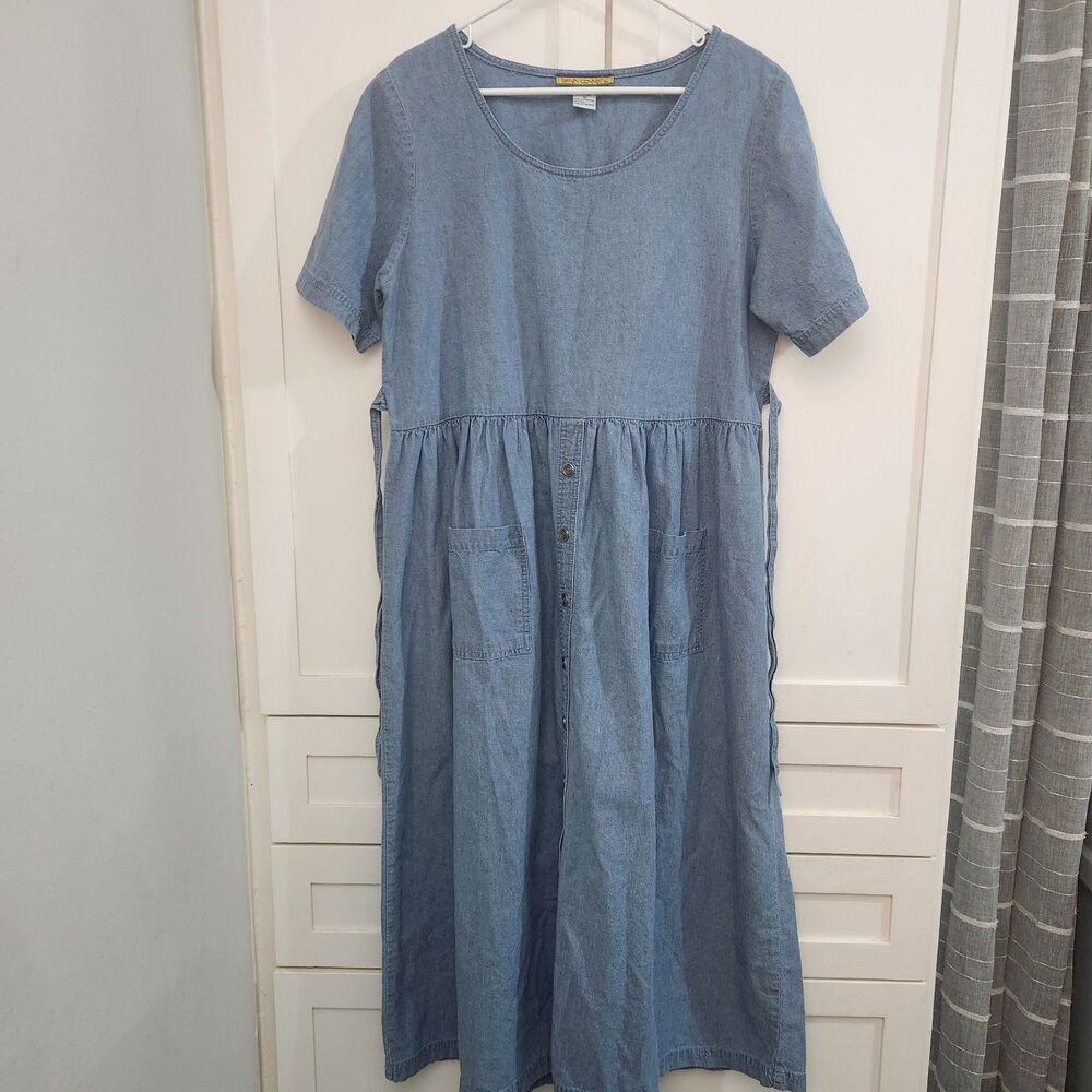 Vintage Bryn Connelly Sz 12 Cottagecore Denim Jumper Midi Peasant Prairie Dress